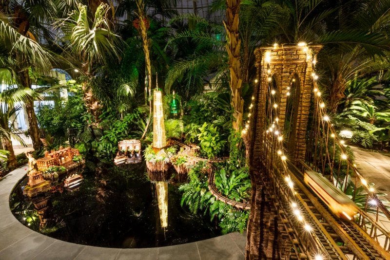 Plant materical replicas of the Brooklyn Bridge, Freedom Tower, and Statue of Liberty at the NYBG