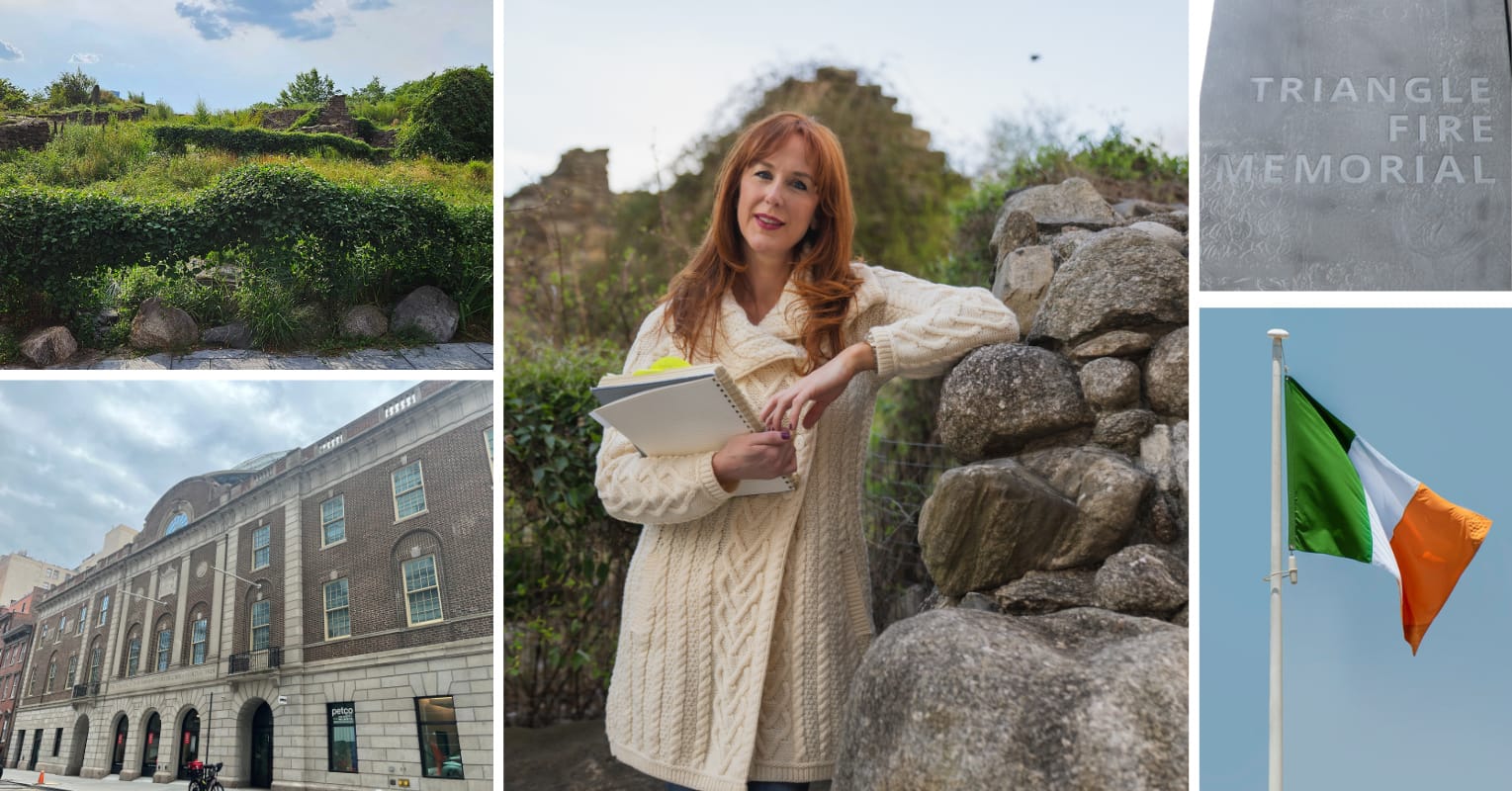 A collage of photos including an Irish flag, Tammany Hall, the Irish Hunger Memoria, Triangle Shirtwaist Memorial, and portrait of tour guide Ashley Cathaláin