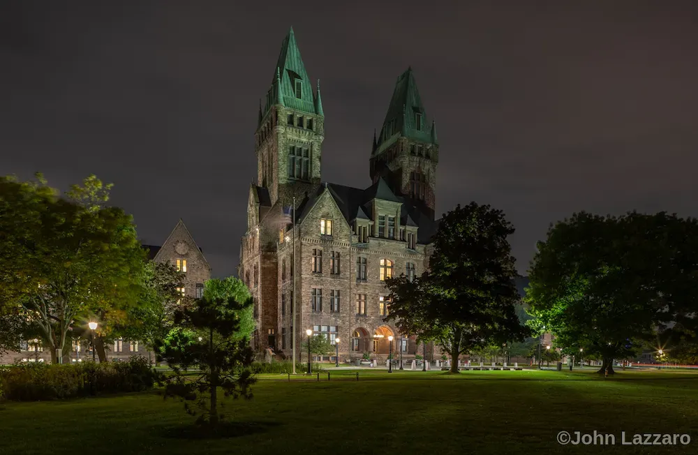 Exterior of Buffalo State Asylum at night