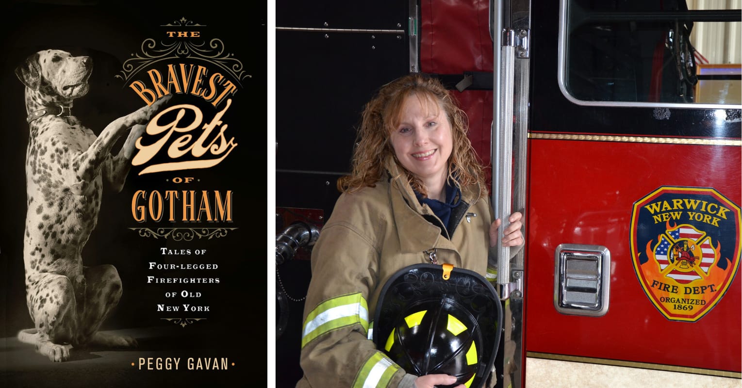 Book Cover of The Bravest Pets of Gotham next to a photo of the author in firefighter gear standing next to a firetruck