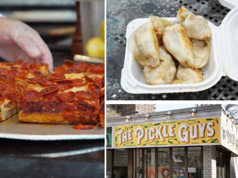 A collage with a photo of pizza, dumplings, and the facade of The Pickle Guys store