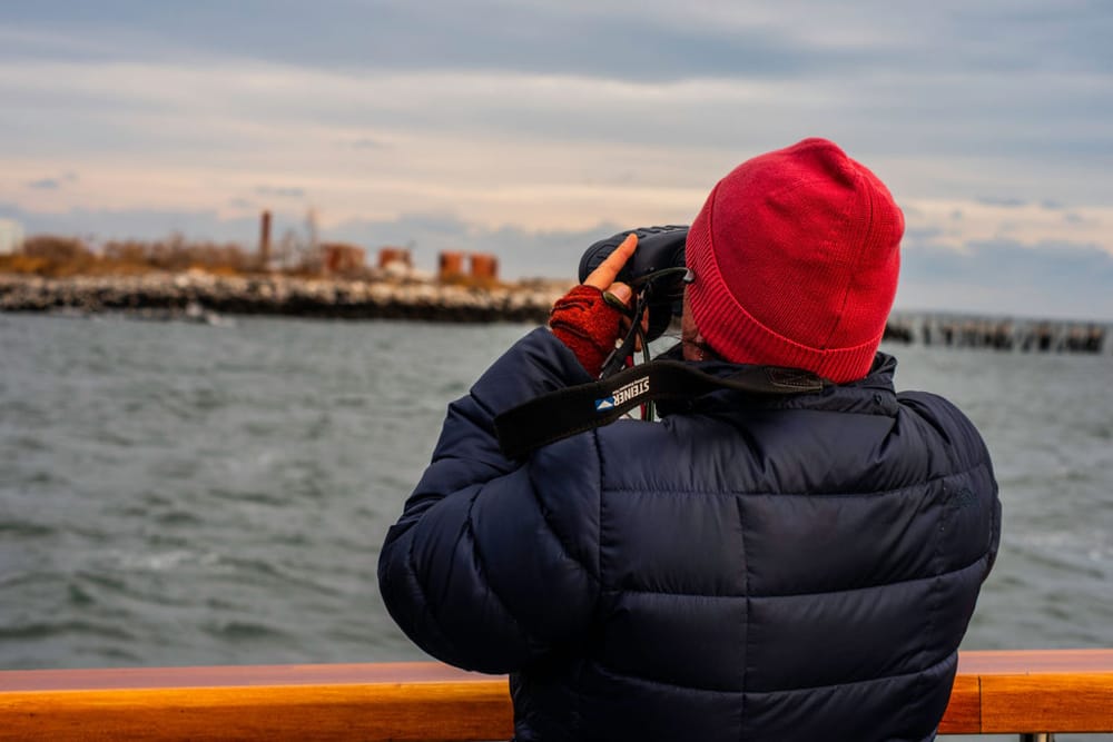 A person in a black jacket and red hat at the edge of a boat takes a photo of an island in the distance