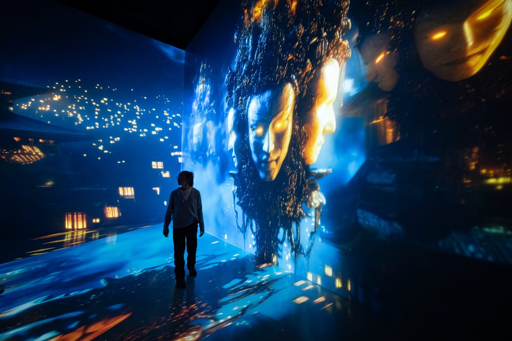 A man stands in a corner of a room with futuristic faces projected onto the walls at ARTECHOUSE NYC