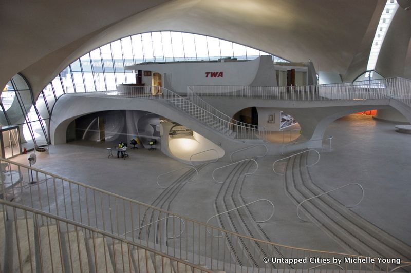 White lobby space at the TWA Hotel  at JFK Airport