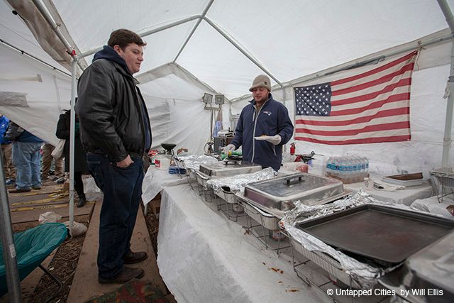 Local restaurants donate  hot food to feed the neighborhood.  