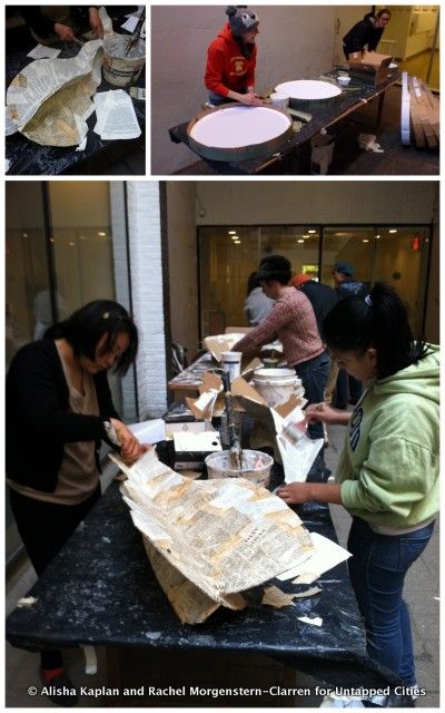 Volunteers create giant magnifying lenses and lions at PAW workshops for the PEN World Voices Festival opening procession on the High Line.