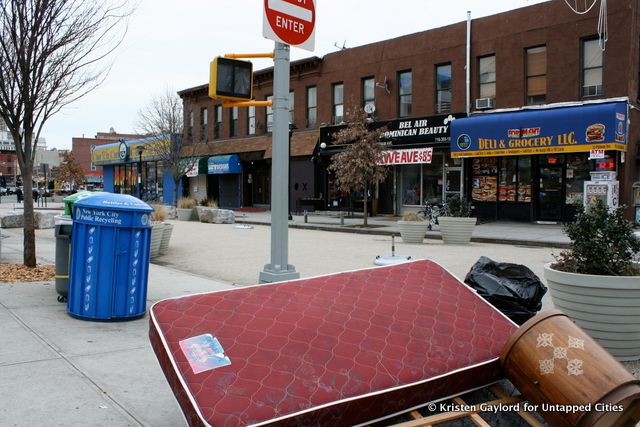 The pedestrian plaza at Putnam Avenue, looking less than inviting.