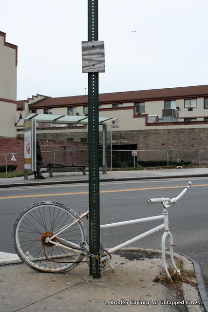 A memorial for a cyclist killed in 2007 at Fulton Street and Utica Avenue.