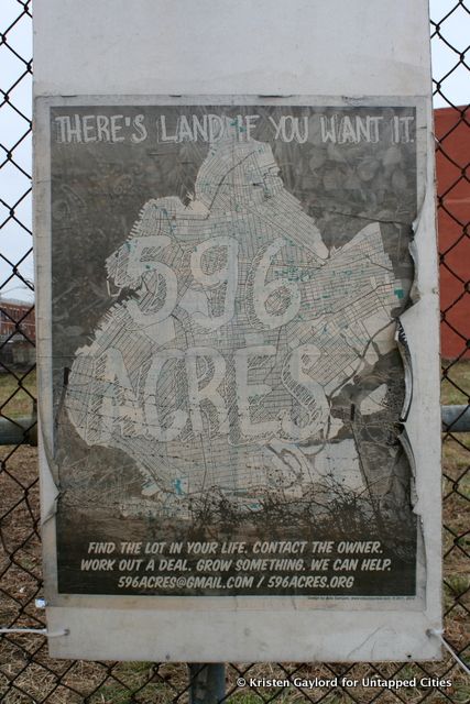 "There's Land If You Want It. 596 Acres. Find the lot in your life. Contact the owner. Work out a deal. Grow something. We can help." At Fulton Street and Saratoga Avenue.