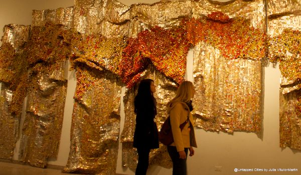 Drifting Continents is made of bottle caps and copper wire. “Art has a huge element of play,” El Anatsui once told Susan Vogel. “And you can’t play with something that is expensive.” 