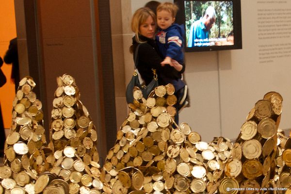 El Anatsui’s fabulous, fun Peak Project constructed out of milk tins was inspired, he says, by “huge piles of detritus from consumption.” 