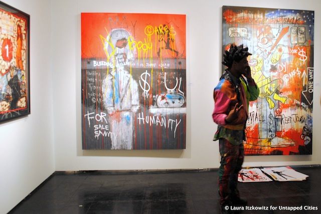 Paintings reminiscent of Basquiat by TMNK Nobody, represented by Amstel Gallery in Amsterdam. 