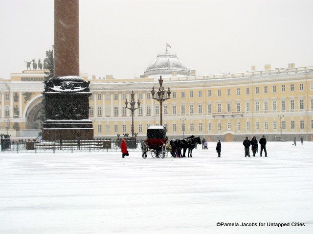 A storybook scene outside of the Hermitage Museum