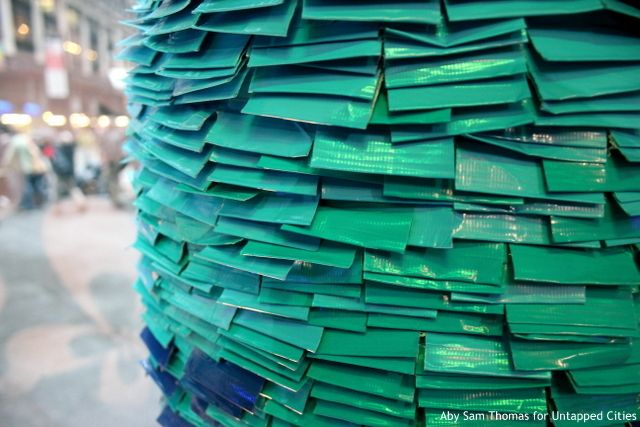 Detail from a prom dress made out of duct tape.