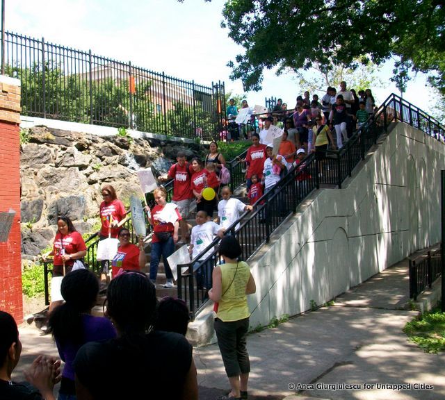 Hikers arrive at the Sunken Playground in Highbridge Park for the celebratory finale.