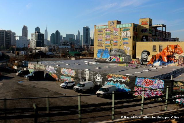 5 Pointz and the Manhattan Skyline, as seen from the 7 train.