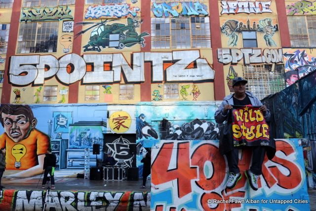 5Pointz supporter shows off his “Wild Style” vest, a nod to the early ’80s classic which was called the first hip-hop motion picture.