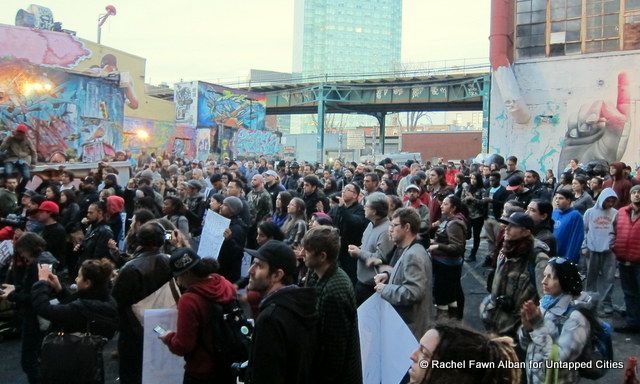 The loading dock area filled with hundreds of supporters.