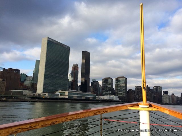 The United Nations Headquarters seen from the bow of the "Manhattan"