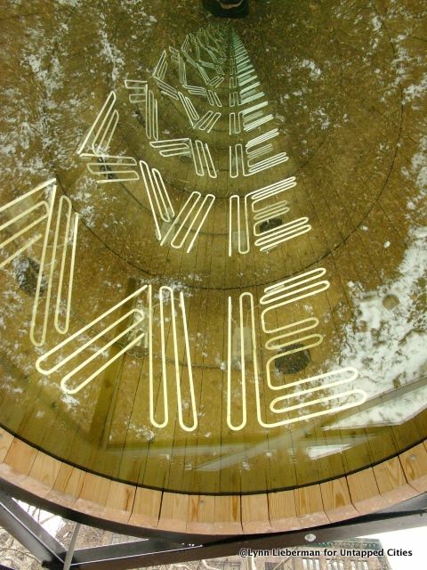 The interior of the third water tower where you can see the reflection of snow on the ground