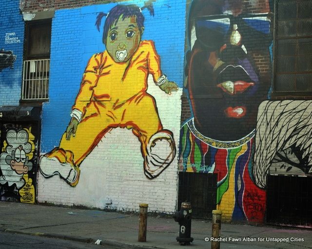 Fumero's baby mural will be completed during the Bushwick Collective Block Party on 6-1. Biggie mural by Danielle Mastrion. 