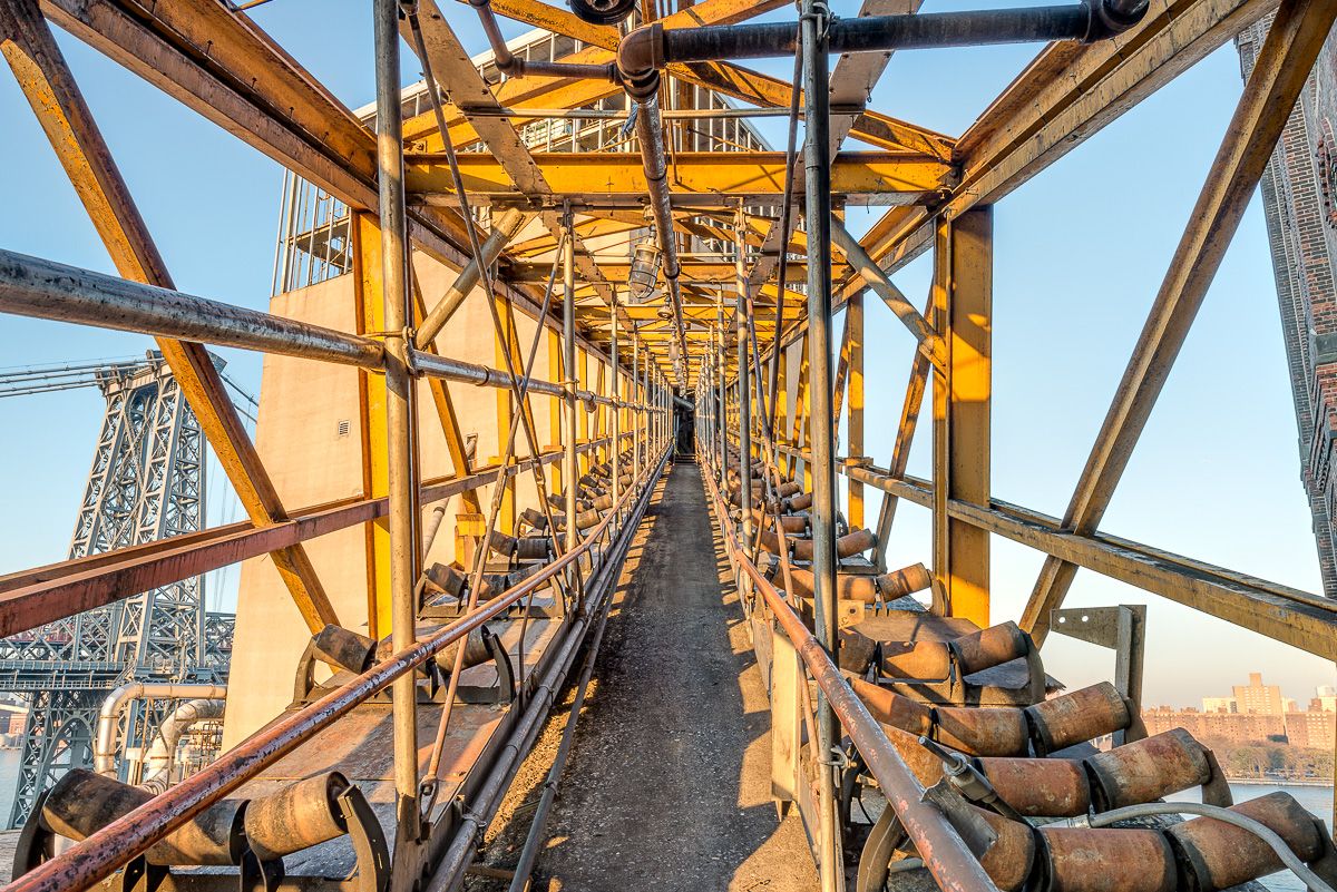 Looking up the conveyor / foot bridge to the bin structure.