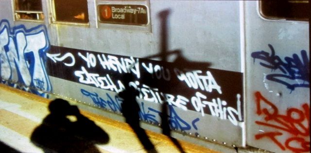 One of the photographs included in the presentation by Henry Chalfant. The photographers would often have kids seeking  them out to photograph new work on trains. 