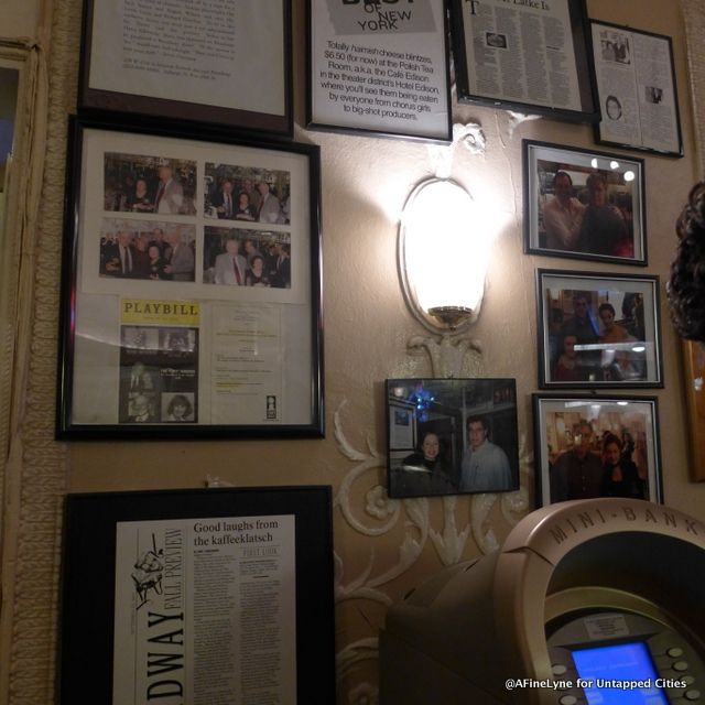 Framed clippings from newspapers and magazines about the historic cafe