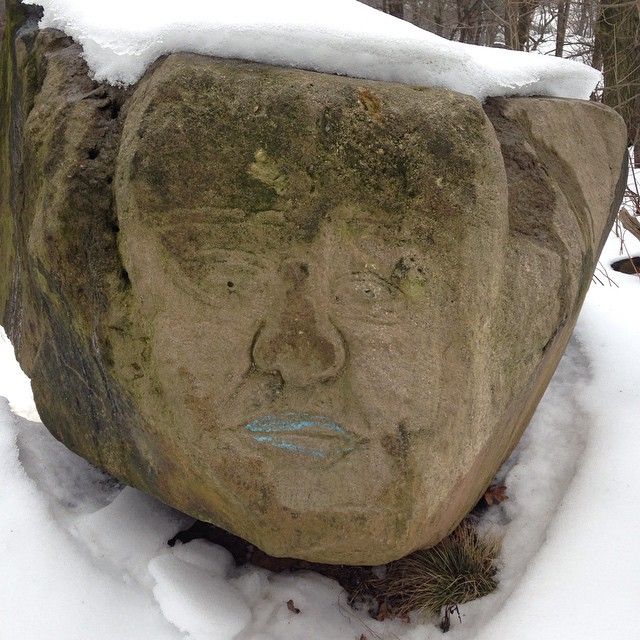 UntappedCities BigScreen Instagram Contest Photo, Central Park, rock, face, NYC, snow, illegal sculpture