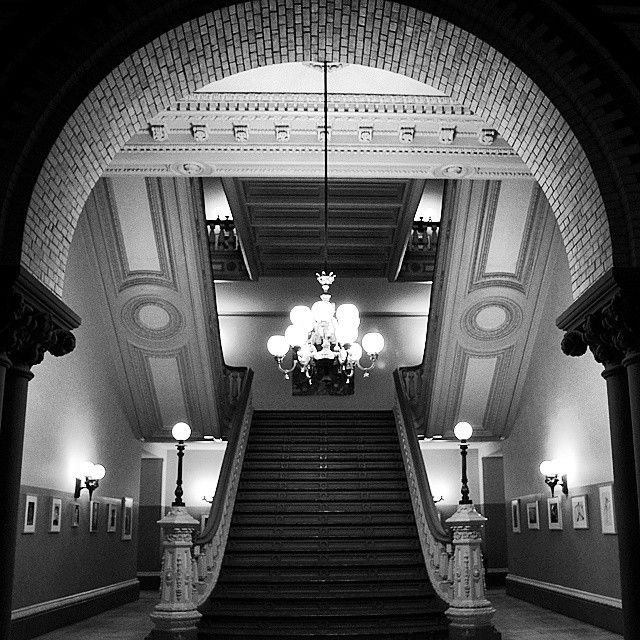 UntappedCities BigScreen Instagram Contest Photo, Tweed Court house, Boss Tweed, black and white, chandelier, stairs, NYC, street photography