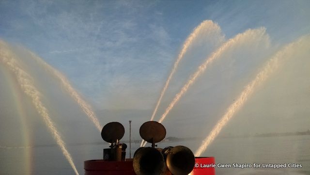 Queens Mary 2-Cunard-NYC Arrival-John J Harvey Fireboat-2021