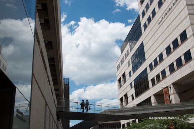 Dancers cross the Reynold Levy Bridge to the Juilliard.