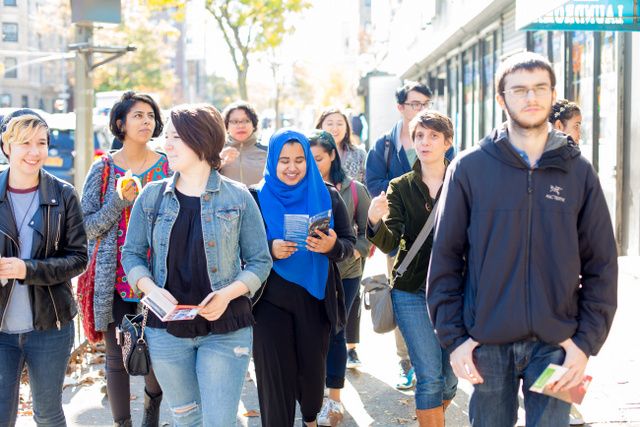 Instructor Judy Pryor Ramirez takes her first year class on a walking tour of Prospect Heights in Brooklyn led by Gabrielle Bendiner-Viani working with Kendra Danowski from Lang's office of CIVIC ENGAGEMENT AND SOCIAL JUSTICE to examine changes in the neighborhood over the past twenty years.