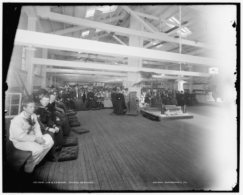 USS-Vermont-Ship-Brooklyn Navy Yard-1898-Storage Receiving-Interior-Top Floor-Church Service-NYC