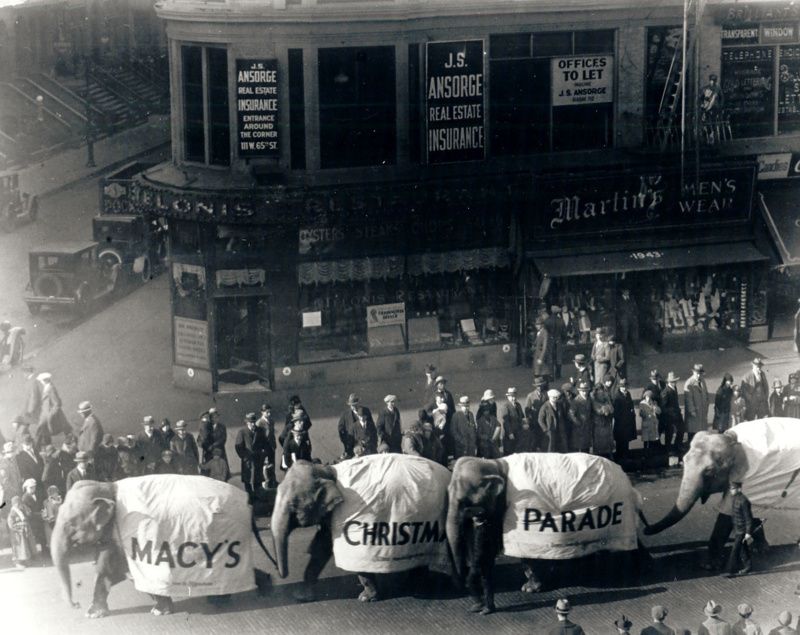 Elephants at the first Macy's Thanksgiving Day Parade which was a Christmas Parade!