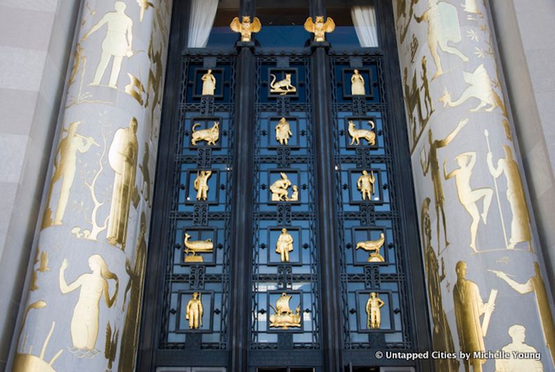 Gilded symbols on the Brooklyn Library door