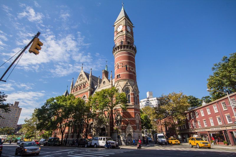 Exterior facade of the historic Jefferson Market Library in Greenwich Village.