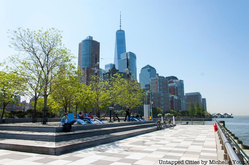 Skyline of Lower Manhattan as scene from Hudson River Park