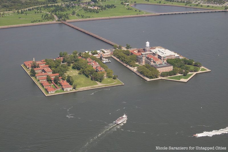 An aerial view of Ellis Island.