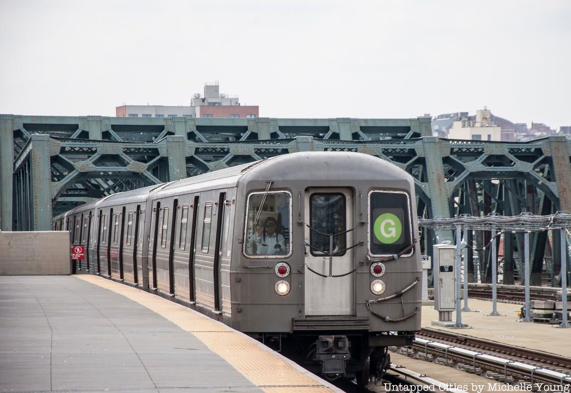 G train at Smith-9th Street station, the highest station in the  Brooklyn subway system, NYC, and the world