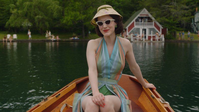 Midge on a rowboat in the Catskills in the Marvelous Mrs. Maisel