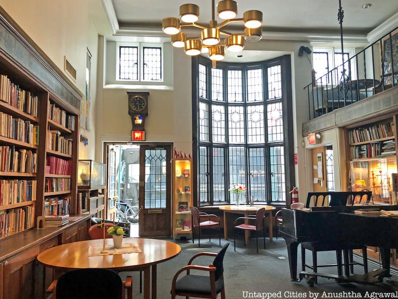 Large glass window lets light into the cozy coffee shop inside the Swedish Seaman's church