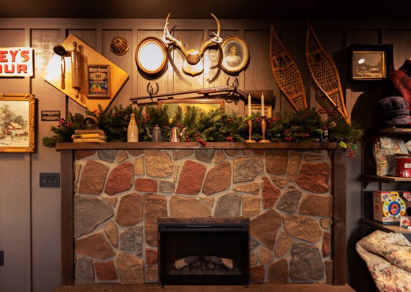 Tiny Cracker Barrel Pop Up in NYC, interior fireplace closeup