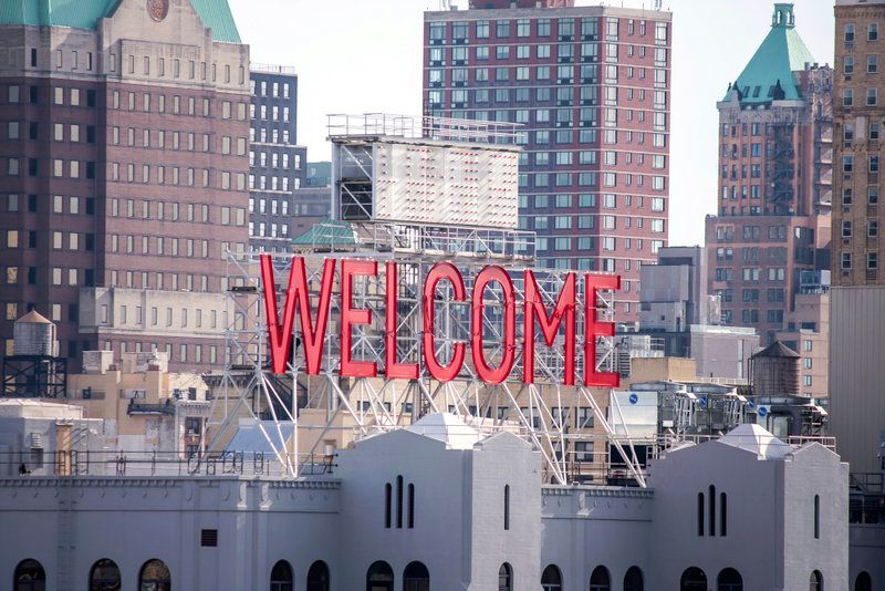 Welcome Sign on Panorama, former Watchtower Building