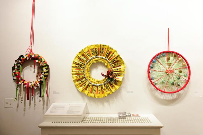 Wreaths made out of found objects at The Gallery at the Central Park Arsenal