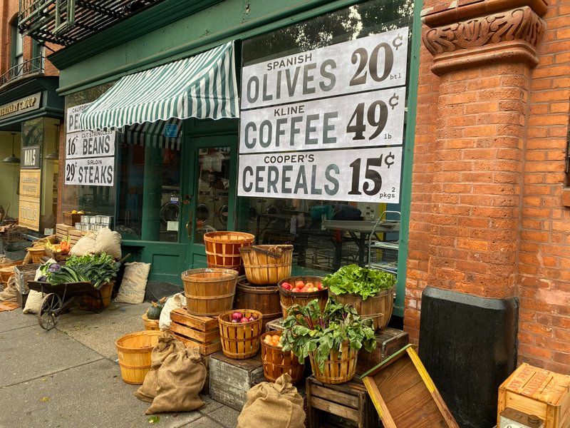 Film set of Passing in Brooklyn Heights with vintage grocery store