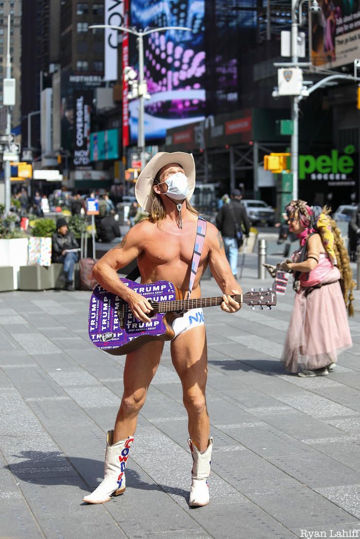 Naked Cowboy with face mask