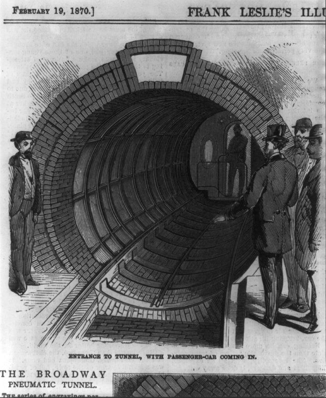 Entrance to Beach pneumatic transit tunnel with passenger car coming in