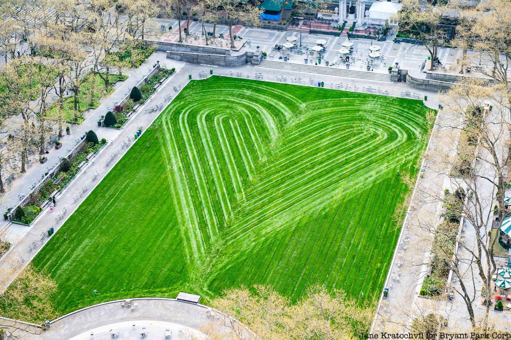 Closeup of Bryant Park heart lawn