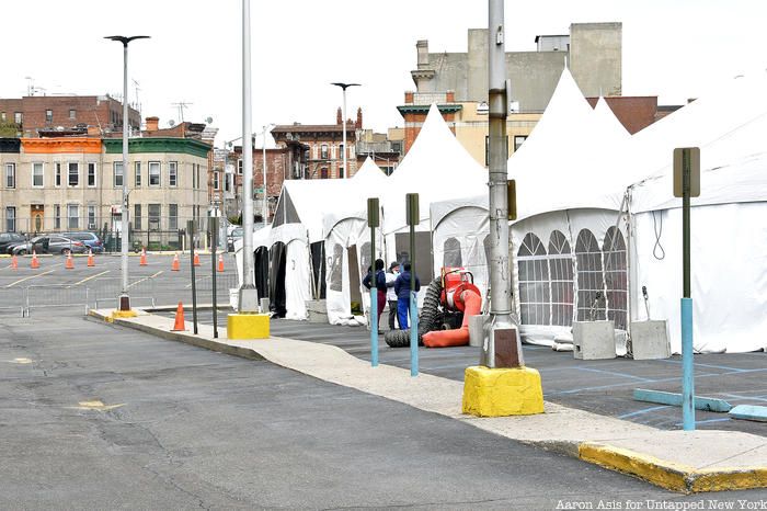 Tents at Cars lining up at Coronavirus drive-thru testing site in Flatbush